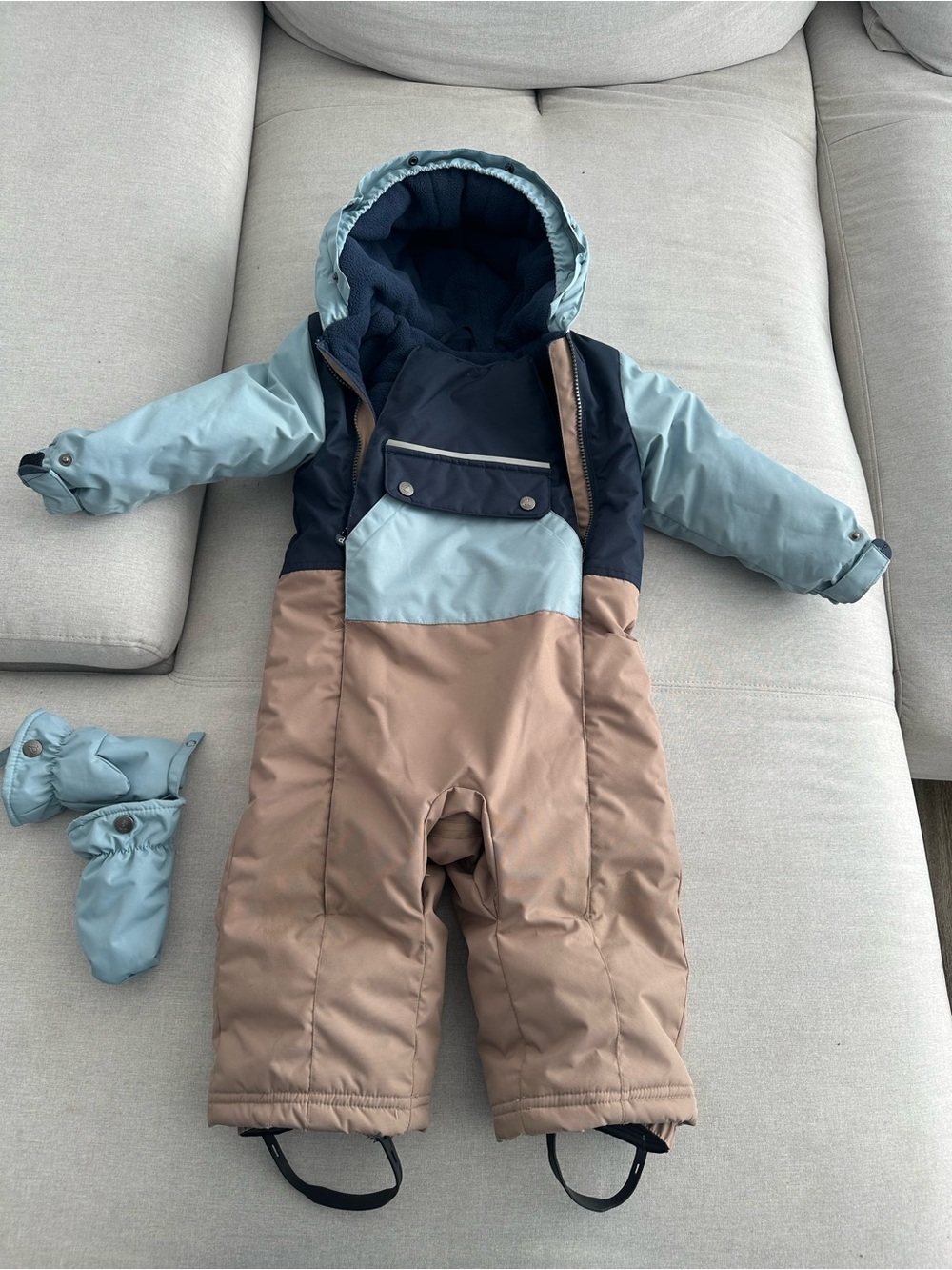 Deux Par Deux Insulated Snowsuit in Light Blue, Navy & Brown